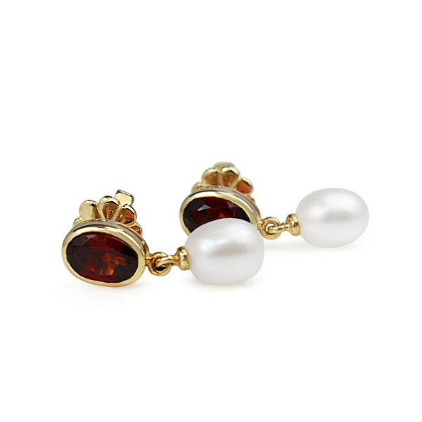 9ct Yellow Gold Garnet and Pearl Earrings