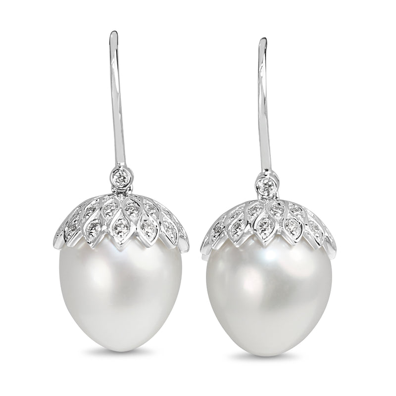 18ct White Gold 12mm South Sea Pearl and Diamond Acorn Earrings