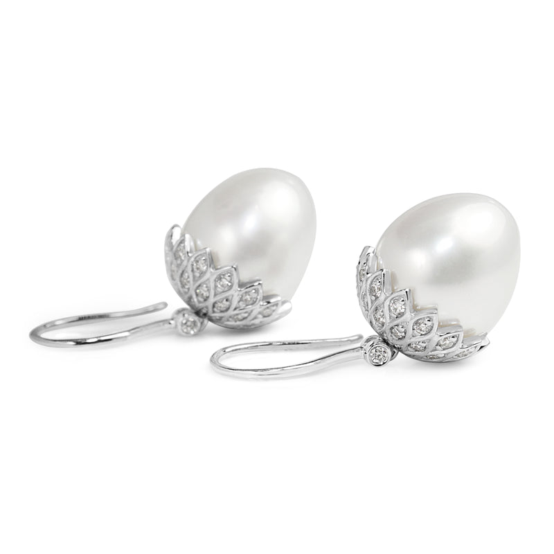 18ct White Gold 12mm South Sea Pearl and Diamond Acorn Earrings