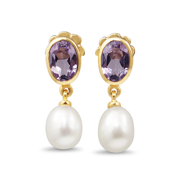 9ct Yellow Gold Amethyst and Pearl Earrings