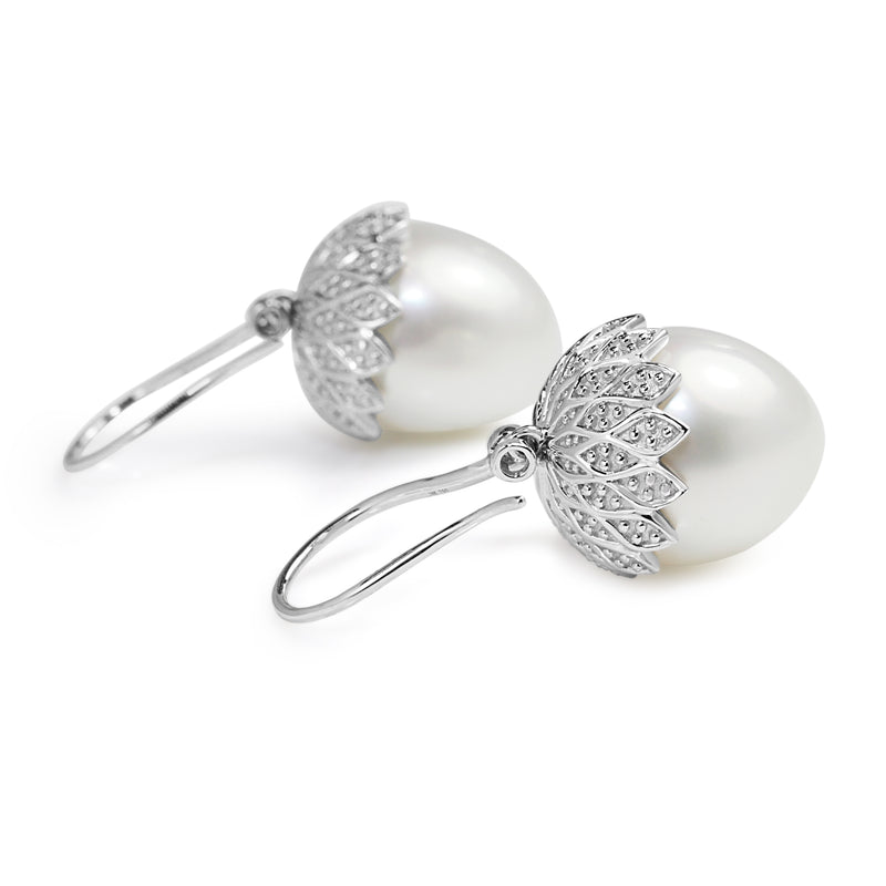 18ct White Gold 12mm South Sea Pearl and Diamond Acorn Earrings