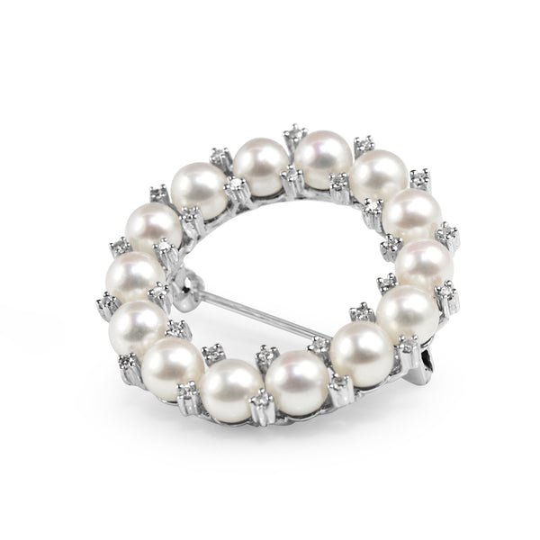 14ct White Gold Pearl and Diamond Wreath Brooch