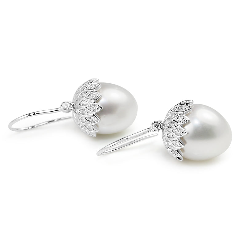 18ct White Gold 12mm South Sea Pearl and Diamond Acorn Earrings