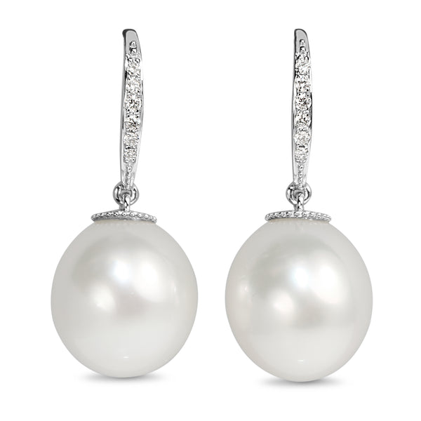 18ct White Gold 14mm South Sea Pearl and Diamond Drop Earrings