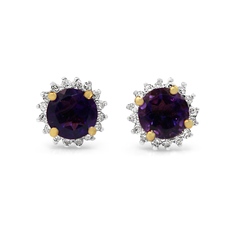 9ct Yellow and White Gold Amethyst and Diamond Halo Earrings