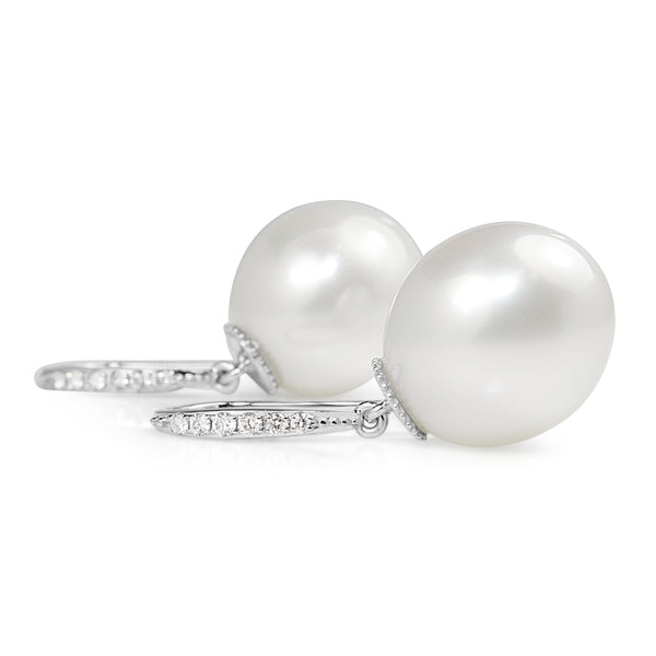 18ct White Gold 14mm South Sea Pearl and Diamond Drop Earrings