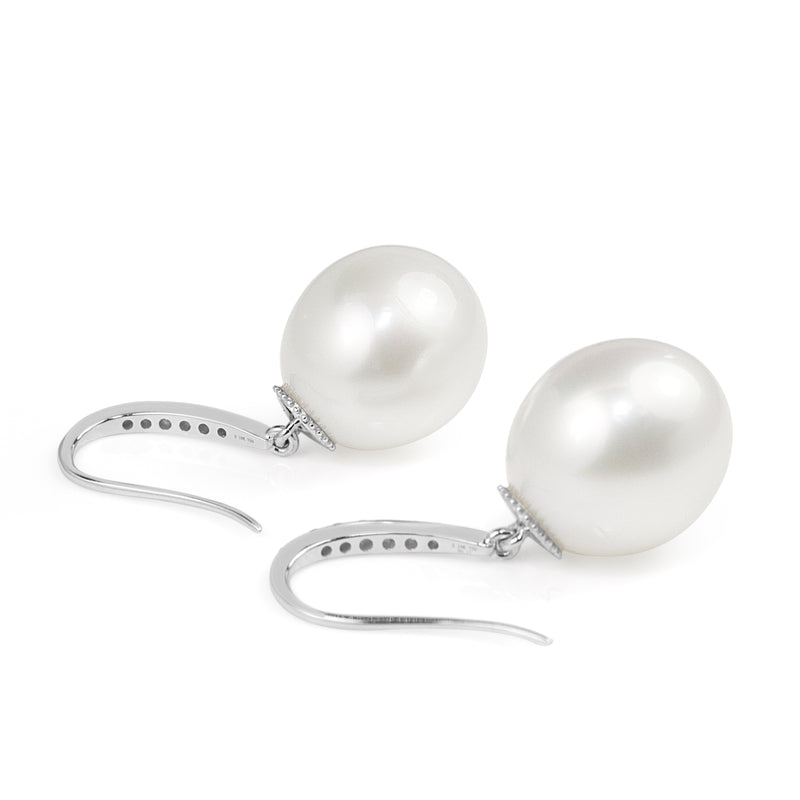 18ct White Gold 14mm South Sea Pearl and Diamond Drop Earrings