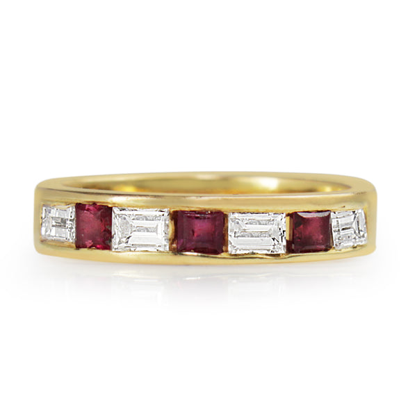 14ct Yellow Gold Ruby and Baguette Diamond Channel Set Band Ring