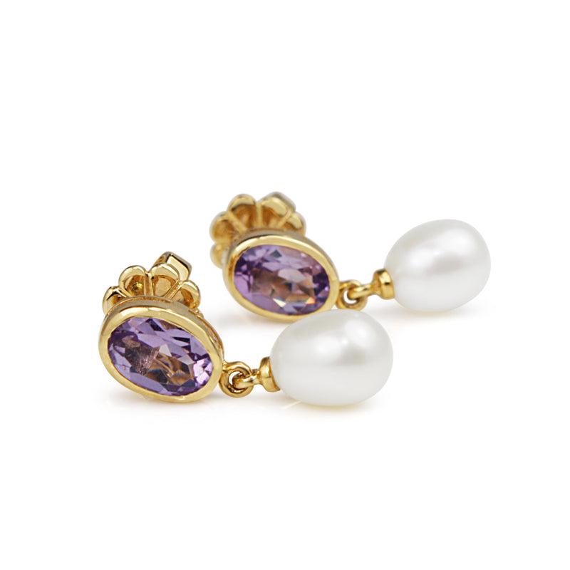 Thomas Laine Jewelry 14K Yellow Gold Amethyst Natural Pink Baroque Pearl  Earrings