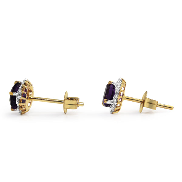 9ct Yellow and White Gold Amethyst and Diamond Halo Earrings