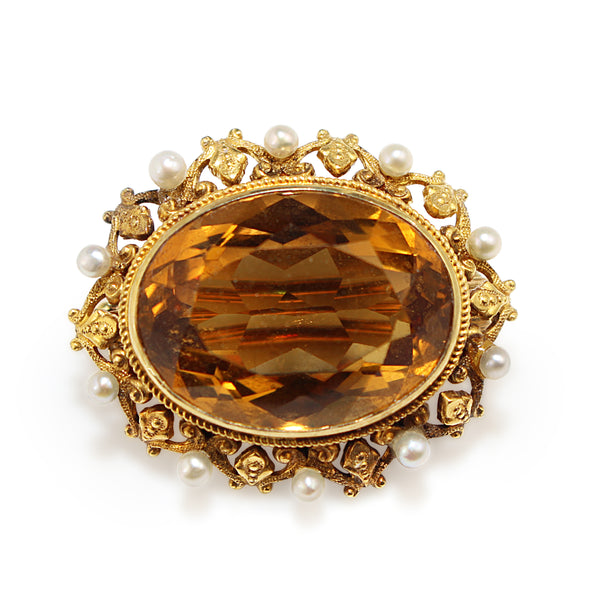 14ct Yellow Gold Antique Citrine and Pearl Brooch