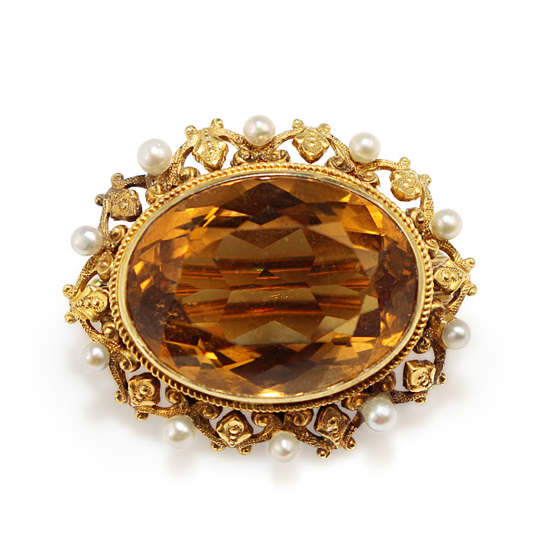 14ct Yellow Gold Antique Citrine and Pearl Brooch