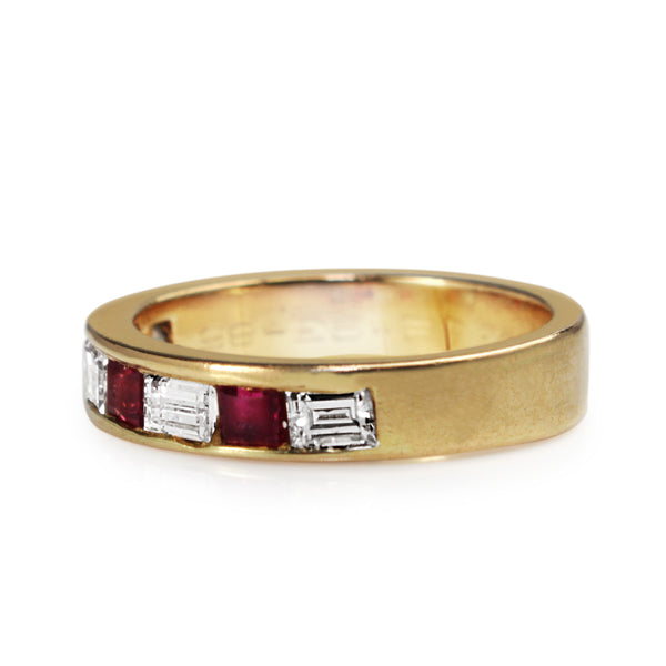 14ct Yellow Gold Ruby and Baguette Diamond Channel Set Band Ring