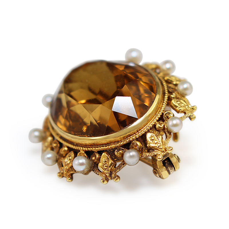 14ct Yellow Gold Antique Citrine and Pearl Brooch