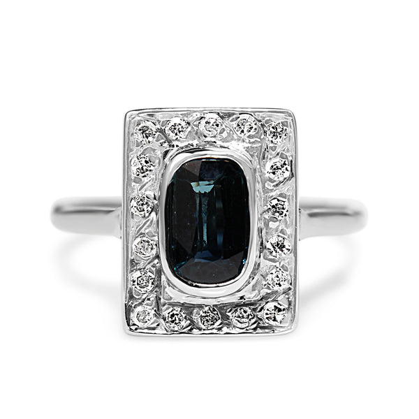 Palladium Vintage Sapphire and Single Cut Diamond Halo Ring
