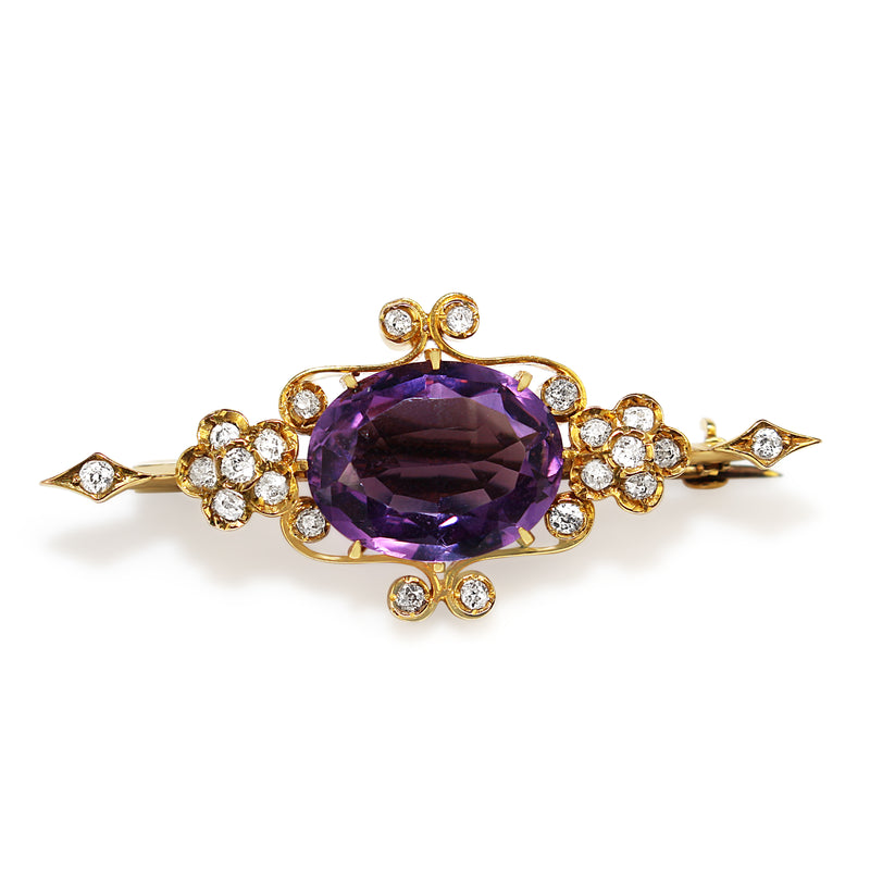 18ct Yellow Gold Antique Amethyst and Old Cut Diamond Brooch