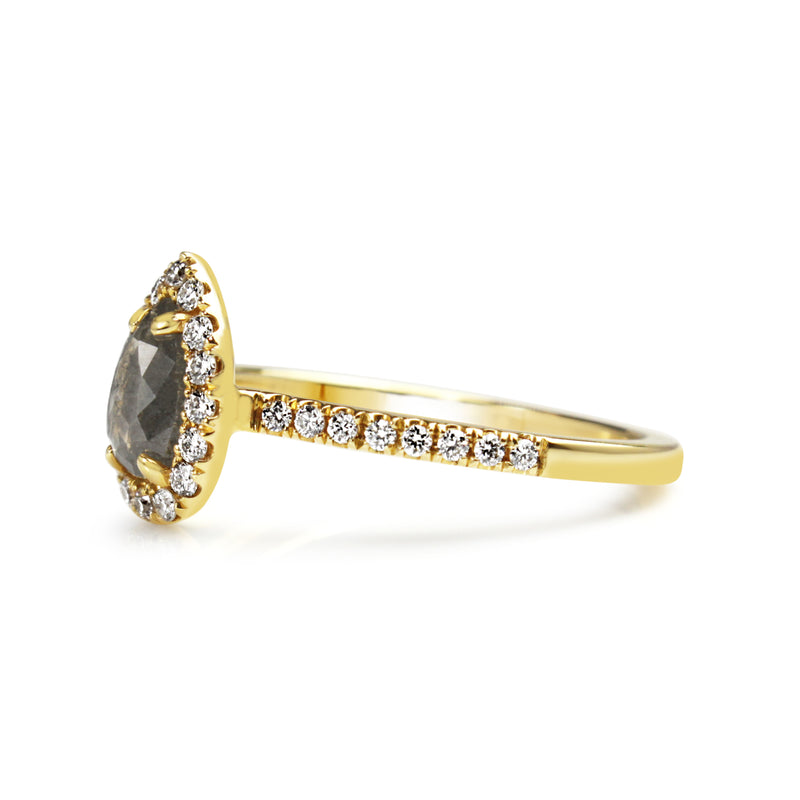 18ct Yellow Gold Pear Rose Cut Salt and Pepper Diamond Halo Ring