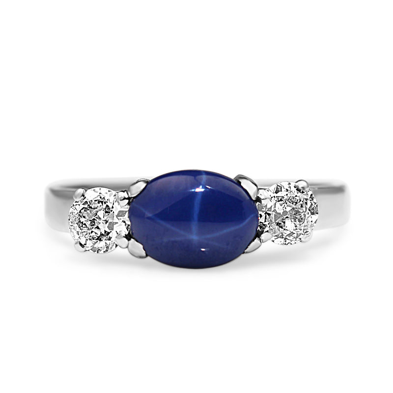 Palladium Synthetic Linde Star Sapphire and Old Cut Diamond 3 Stone Ring