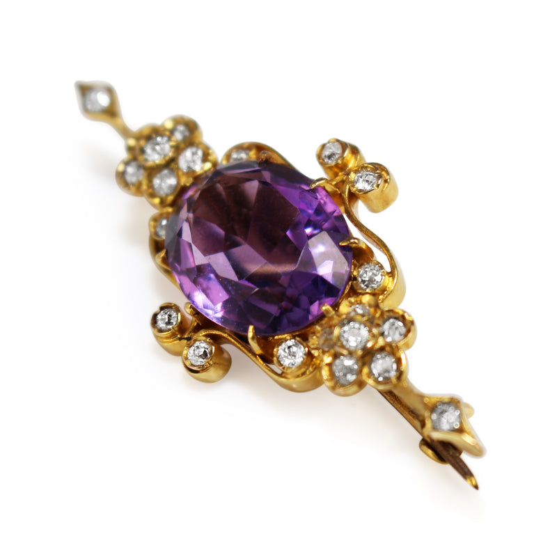 18ct Yellow Gold Antique Amethyst and Old Cut Diamond Brooch