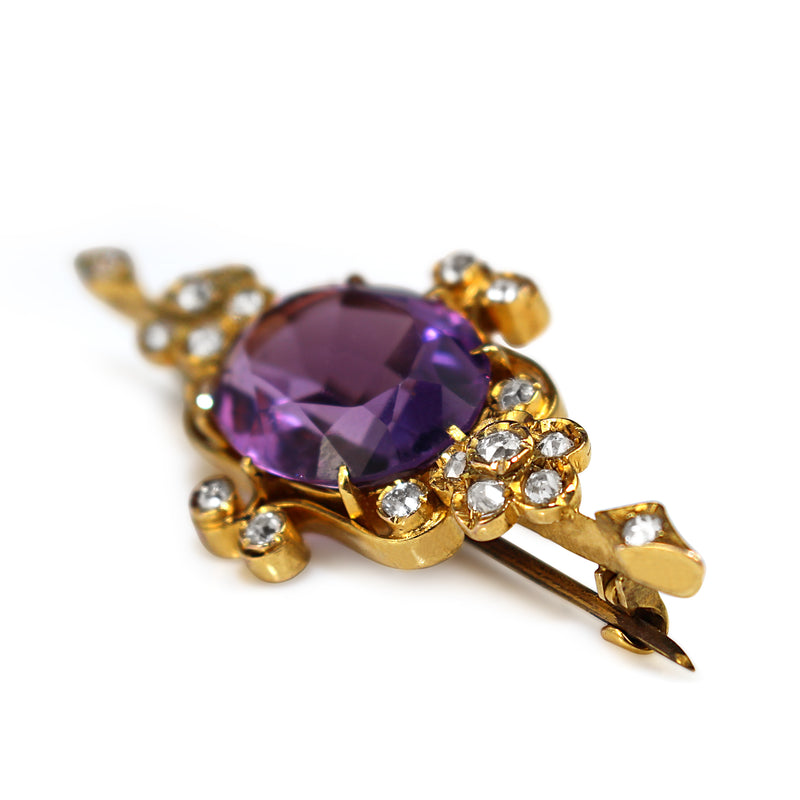 18ct Yellow Gold Antique Amethyst and Old Cut Diamond Brooch