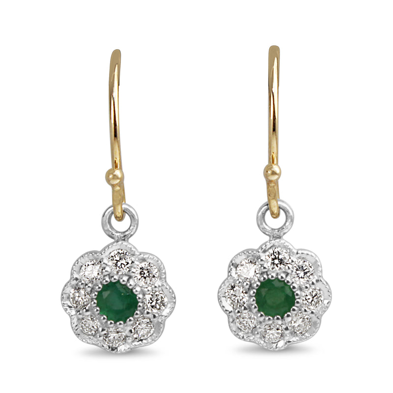 9ct Yellow and White Gold Emerald and Diamond Daisy Drop Earrings