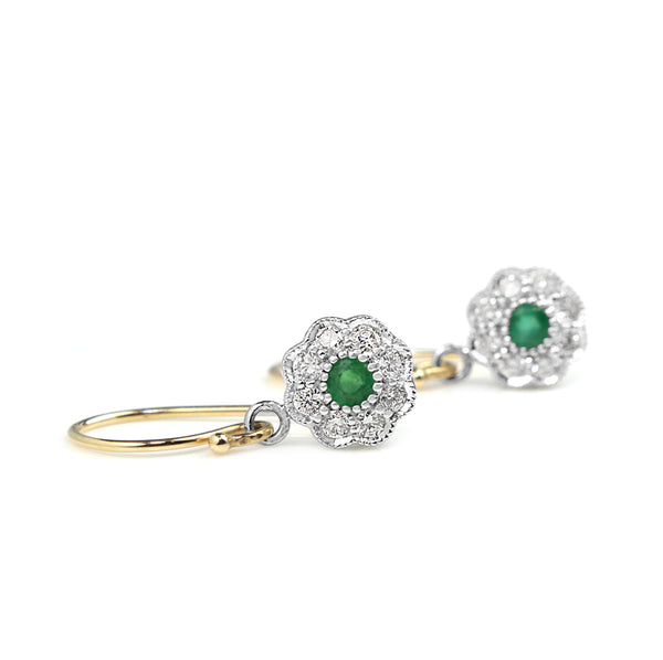 9ct Yellow and White Gold Emerald and Diamond Daisy Drop Earrings