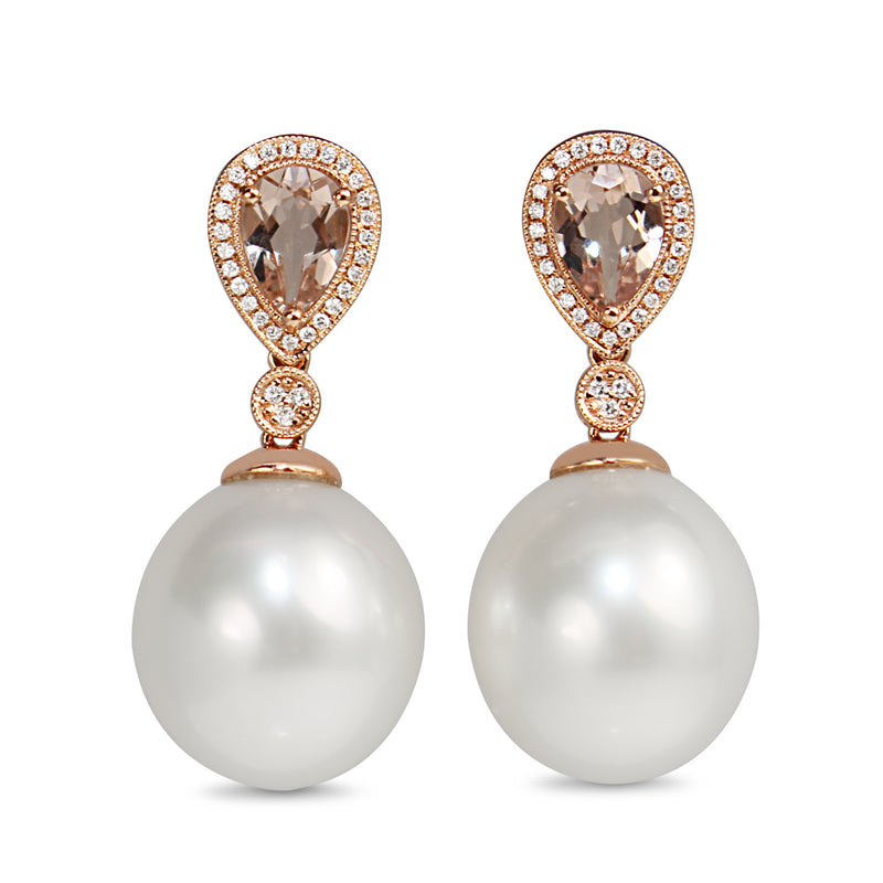 18ct Rose Gold 13.5mm South Sea Pearl, Morganite and Diamond Drop Earrings