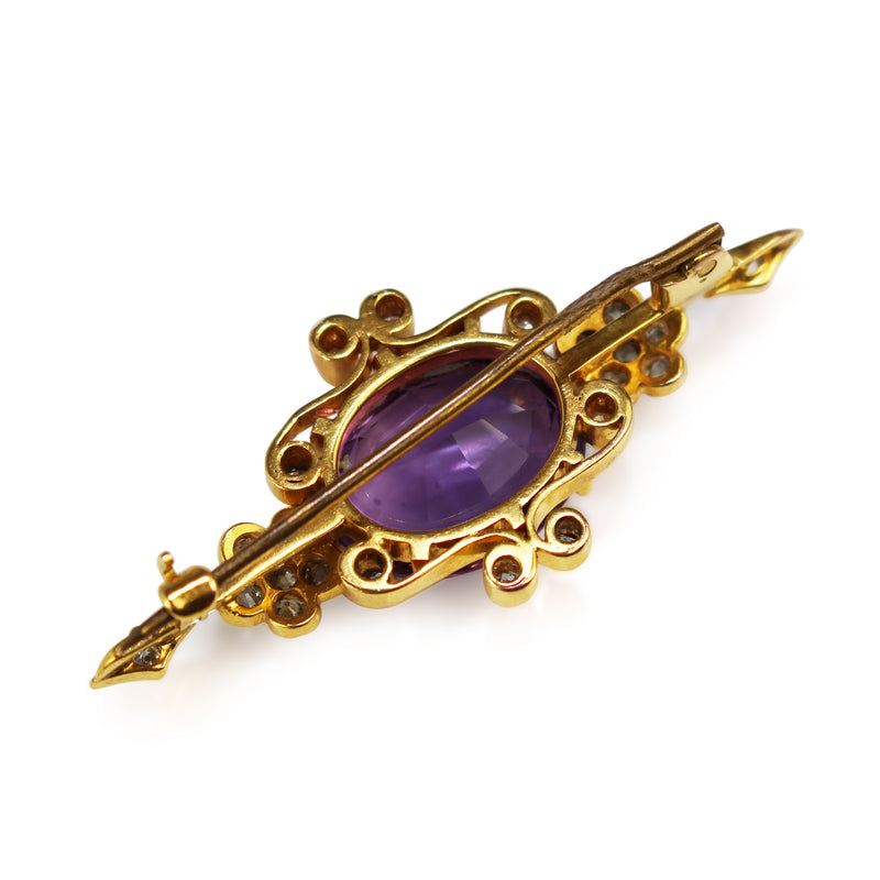 18ct Yellow Gold Antique Amethyst and Old Cut Diamond Brooch