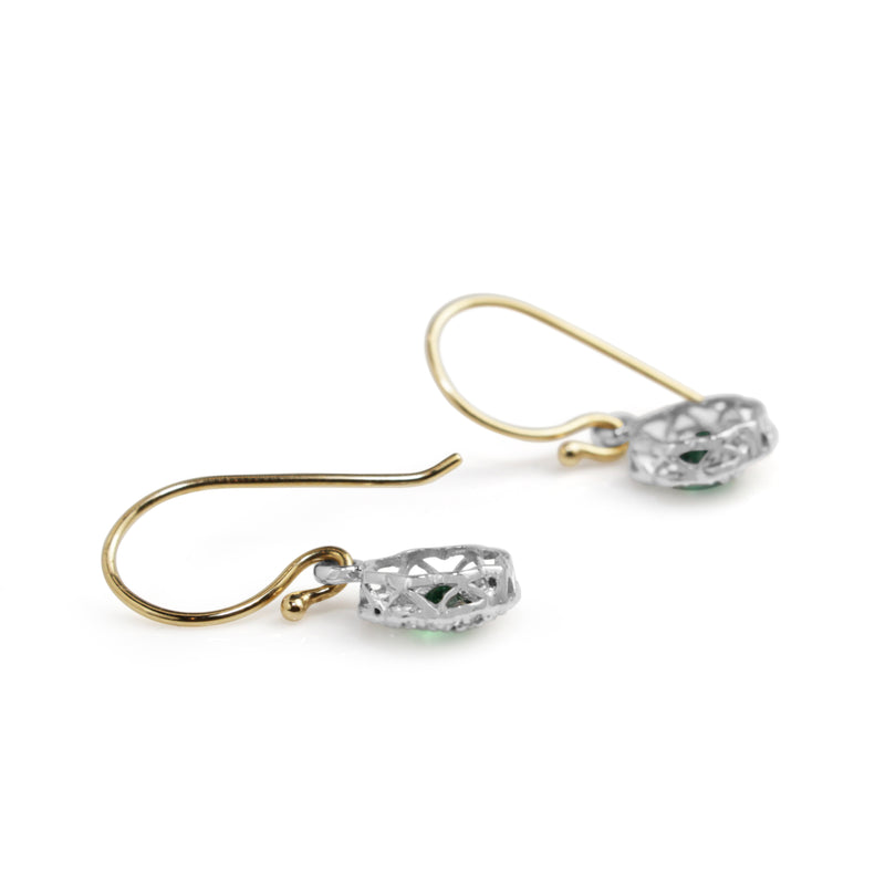 9ct Yellow and White Gold Emerald and Diamond Daisy Drop Earrings