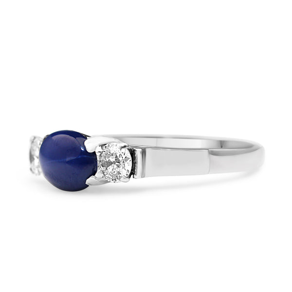 Palladium Synthetic Linde Star Sapphire and Old Cut Diamond 3 Stone Ring