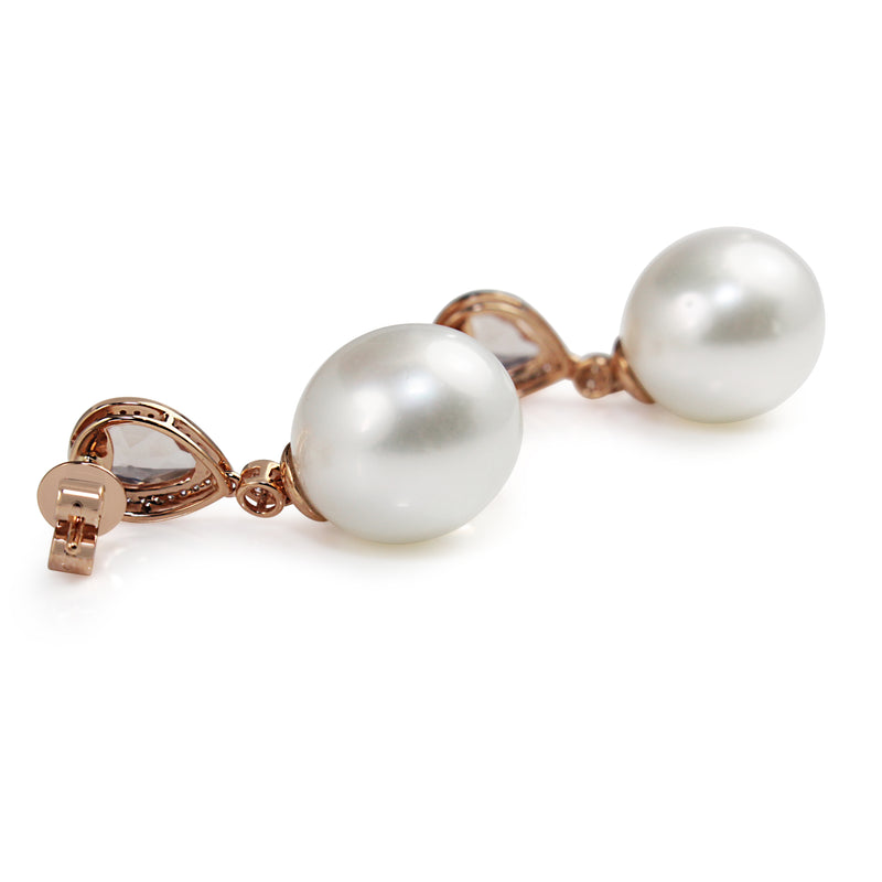 18ct Rose Gold 13.5mm South Sea Pearl, Morganite and Diamond Drop Earrings