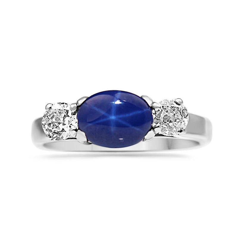 Palladium Synthetic Linde Star Sapphire and Old Cut Diamond 3 Stone Ring