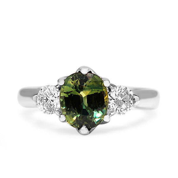 18ct White Gold 3 Stone Green Sapphire and Diamond Ring