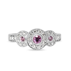 9ct White Gold Pink Sapphire and Diamond Halo 3 Stone Ring