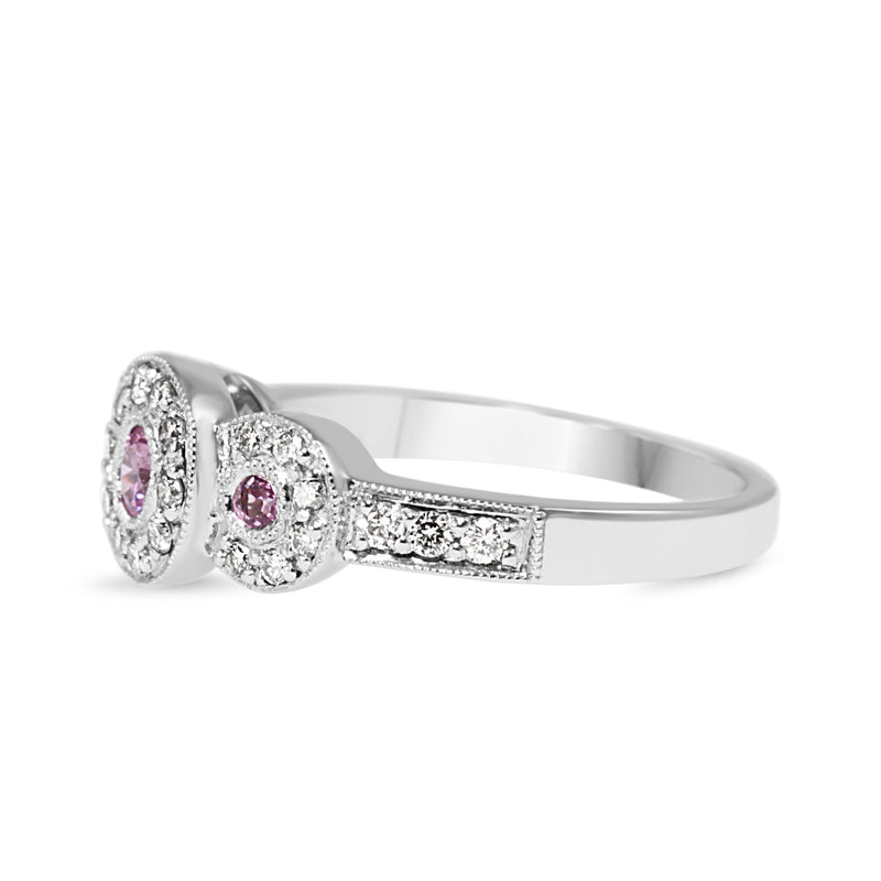 9ct White Gold Pink Sapphire and Diamond Halo 3 Stone Ring