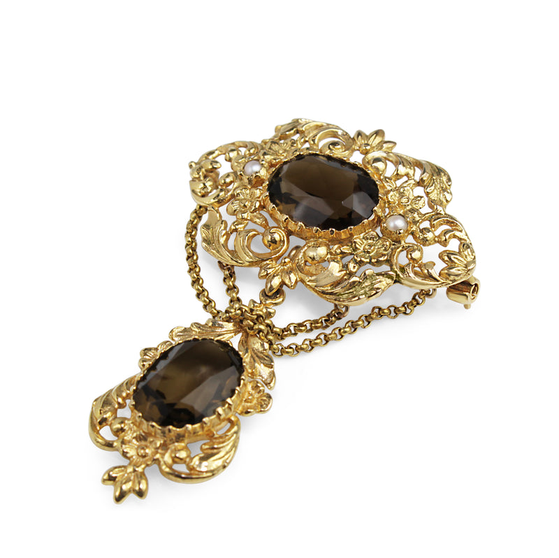 9ct Yellow Gold Vintage Smokey Quartz and Pearl Brooch