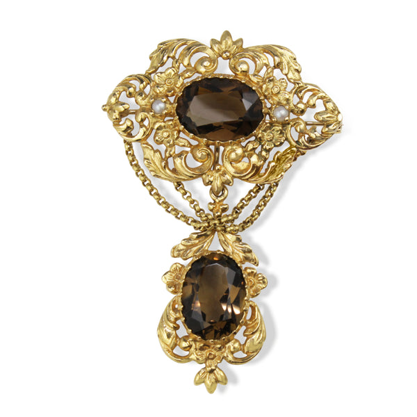 9ct Yellow Gold Vintage Smokey Quartz and Pearl Brooch