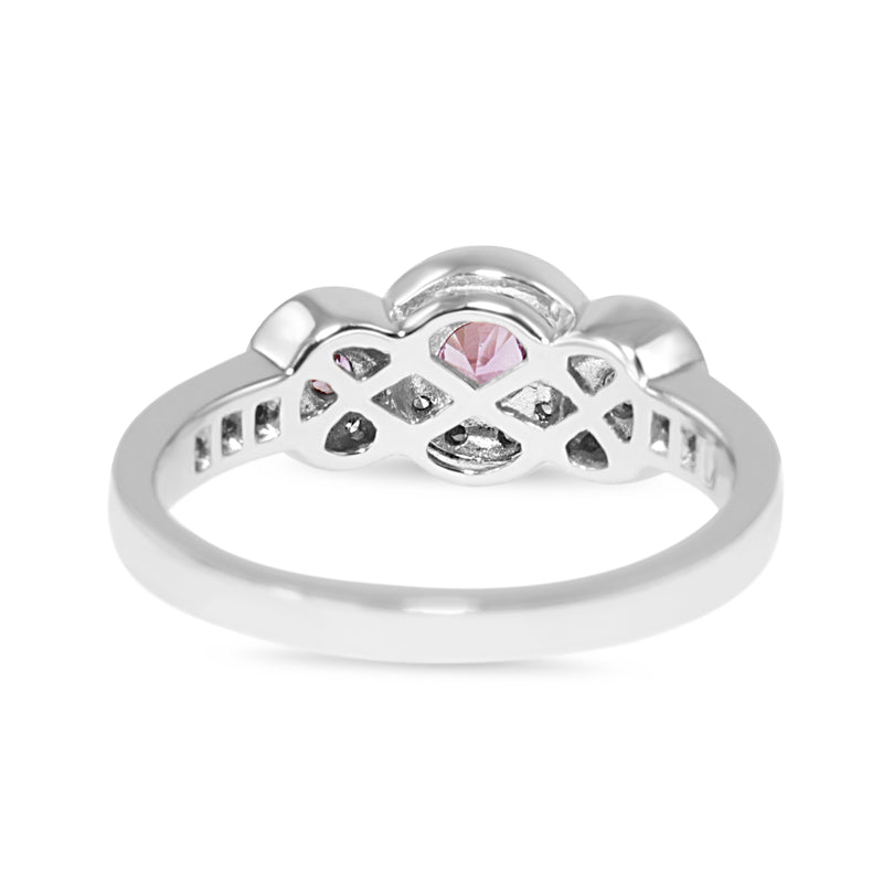 9ct White Gold Pink Sapphire and Diamond Halo 3 Stone Ring