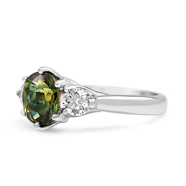 18ct White Gold 3 Stone Green Sapphire and Diamond Ring