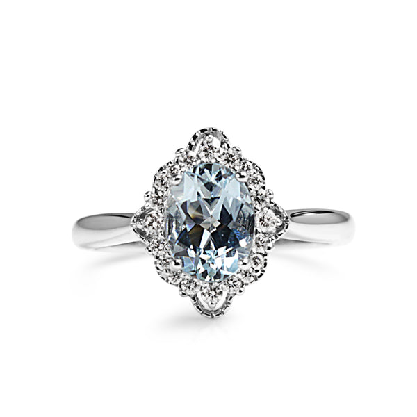 9ct White Gold Aquamarine and Diamond Vintage Style Halo Ring