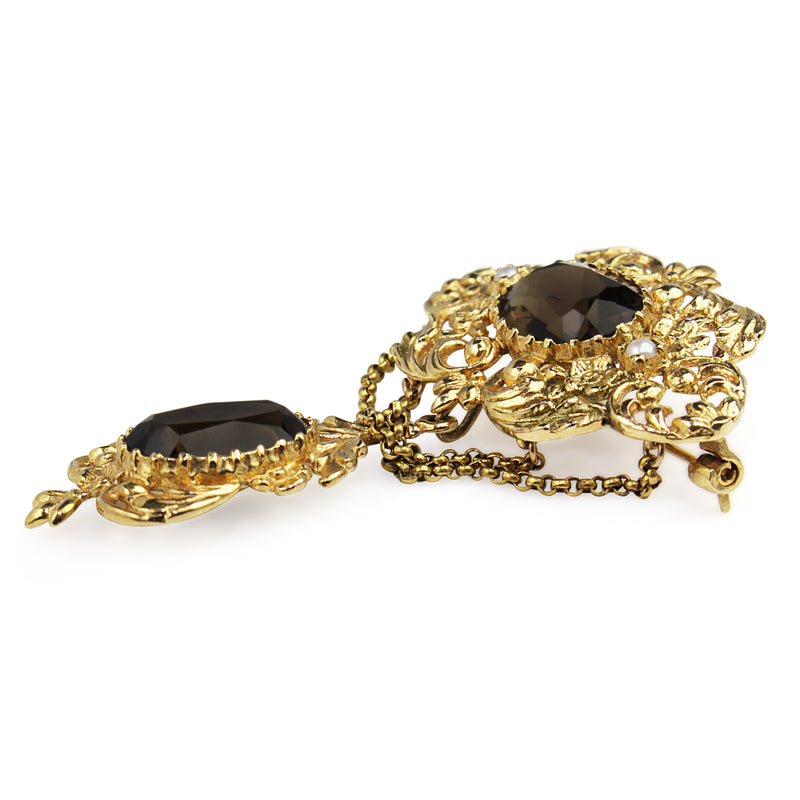 9ct Yellow Gold Vintage Smokey Quartz and Pearl Brooch