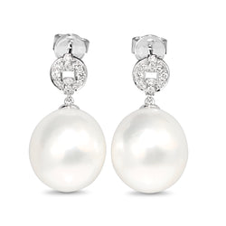 18ct White Gold 13mm South Sea Pearl and Diamond Deco Style Drop Earrings