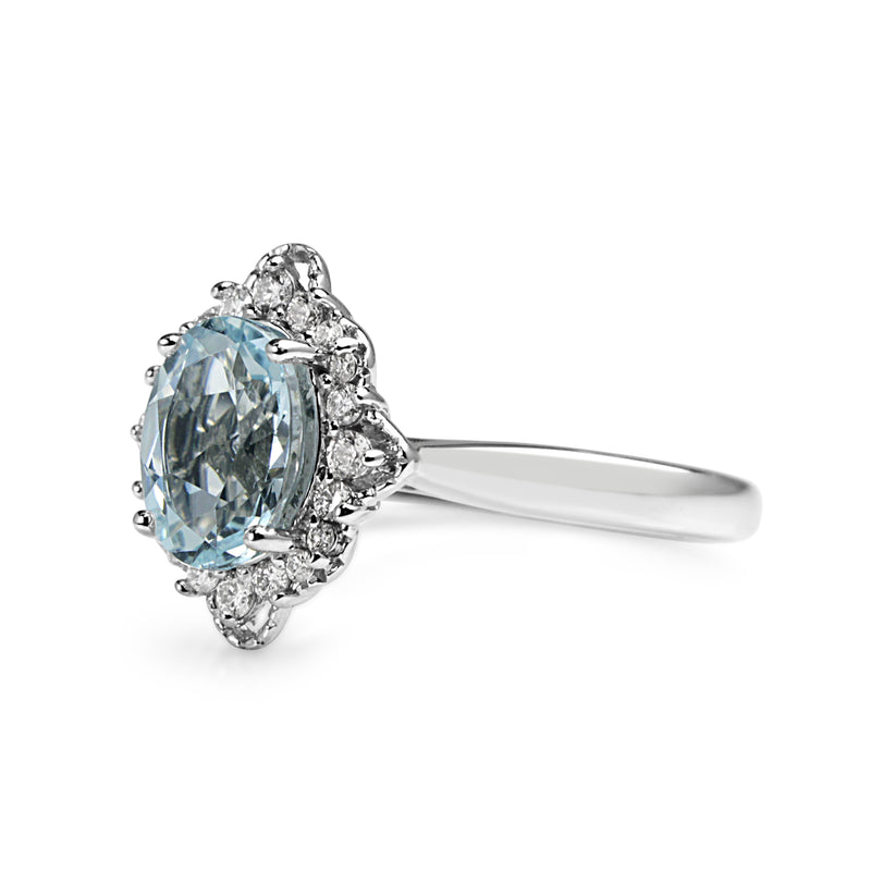 9ct White Gold Aquamarine and Diamond Vintage Style Halo Ring