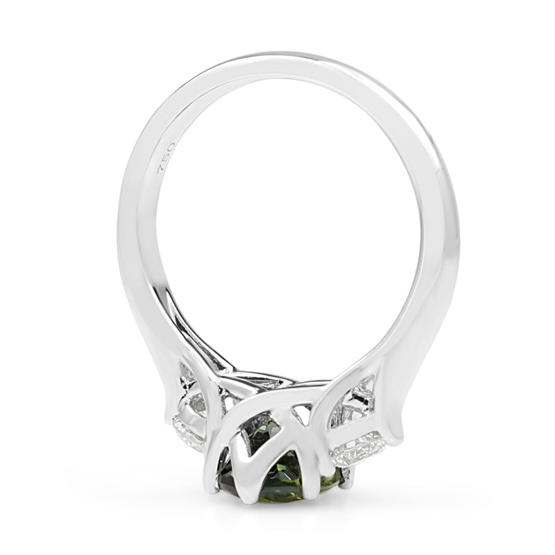 18ct White Gold 3 Stone Green Sapphire and Diamond Ring