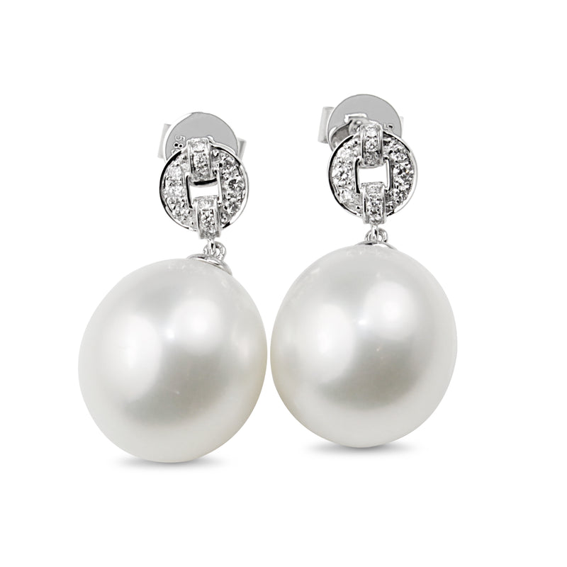 18ct White Gold 13mm South Sea Pearl and Diamond Deco Style Drop Earrings