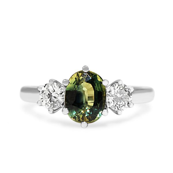 18ct White Gold Green / Yellow Parti Sapphire 3 Stone Ring