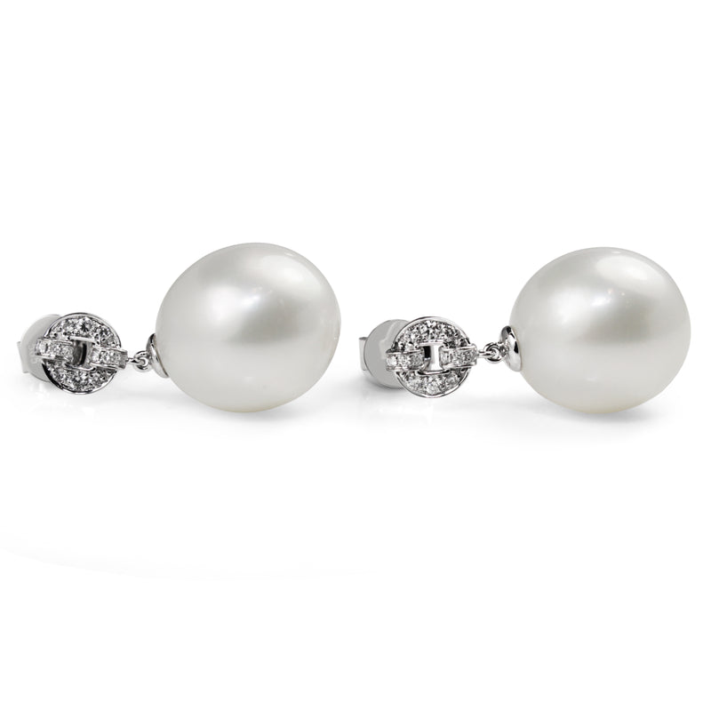 18ct White Gold 13mm South Sea Pearl and Diamond Deco Style Drop Earrings