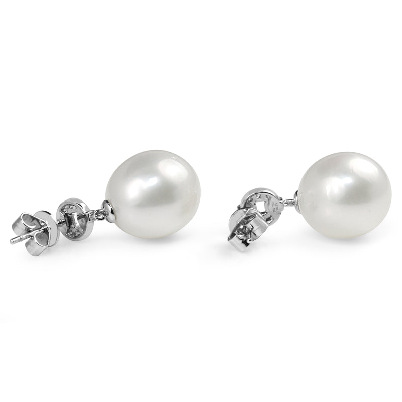 18ct White Gold 13mm South Sea Pearl and Diamond Deco Style Drop Earrings