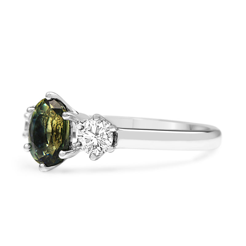18ct White Gold Green / Yellow Parti Sapphire 3 Stone Ring