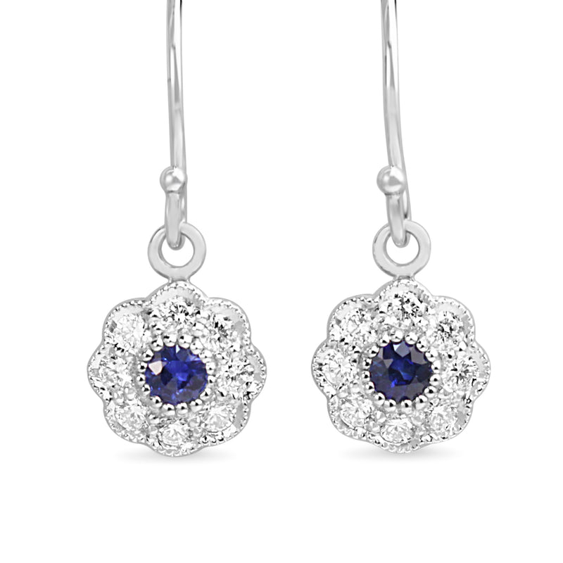 9ct White Gold Sapphire and Diamond Daisy Drop Earrings